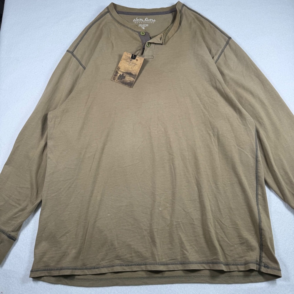 North River Outfitters Mens XL Henley Long Sleeve Shirt Olive Tan 100% Cotton